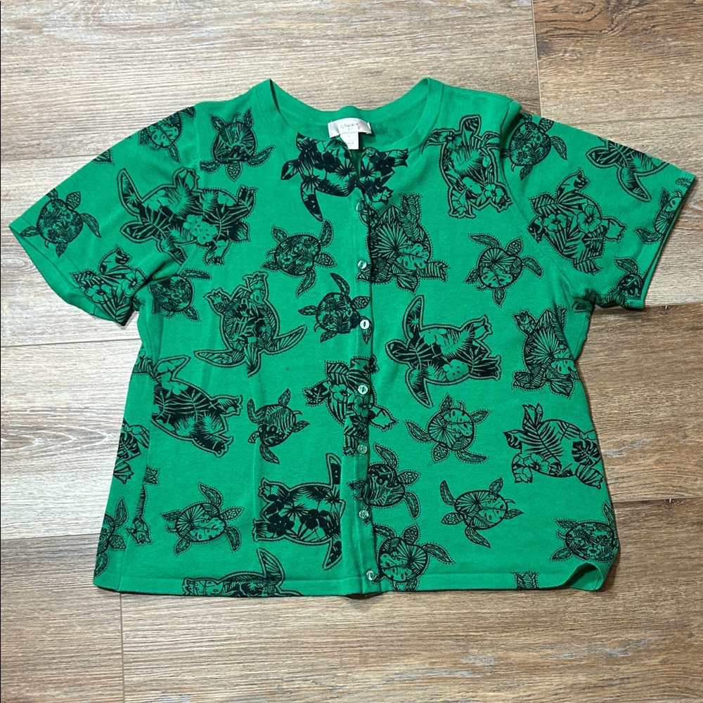 CJ Banks Green Short-Sleeve Button-Front Top with Black Turtle Print